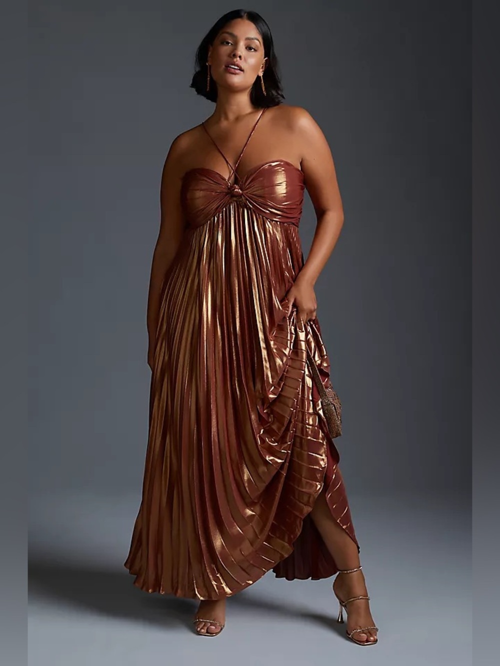 Anthropologie Plisse Halter Maxi Dress Rust Brown Metallic Pleated